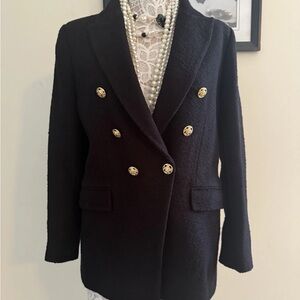 New Zara Tweed Blazer With Gold Buttons Size L Black Double Breasted org $119